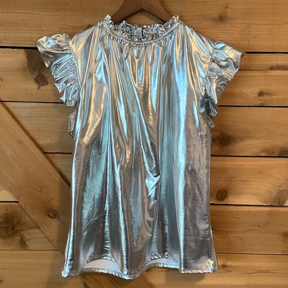 Tops - Metallic Faux Leather Silver Ruffle Sleeve Top